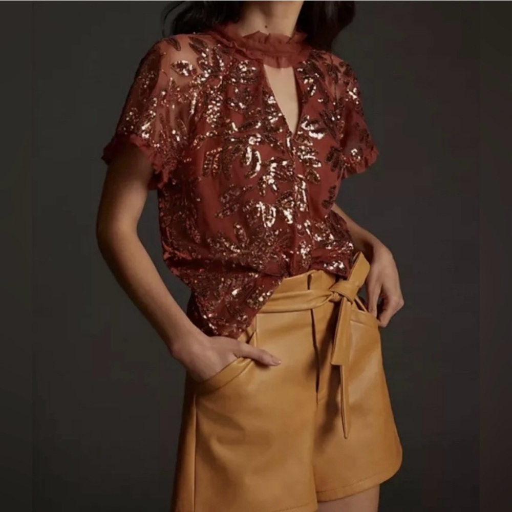 Anthropologie Rust Orange Short Sleeve Sequin V Cut Out Top New Women Small